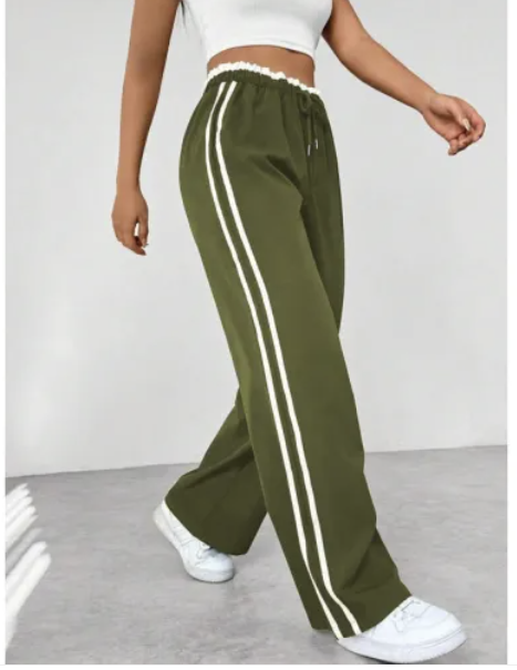 Pantalón de chándal deportivo de cintura alta para mujer – Negro con rayas blancas, ropa deportiva informal para el tiempo libre