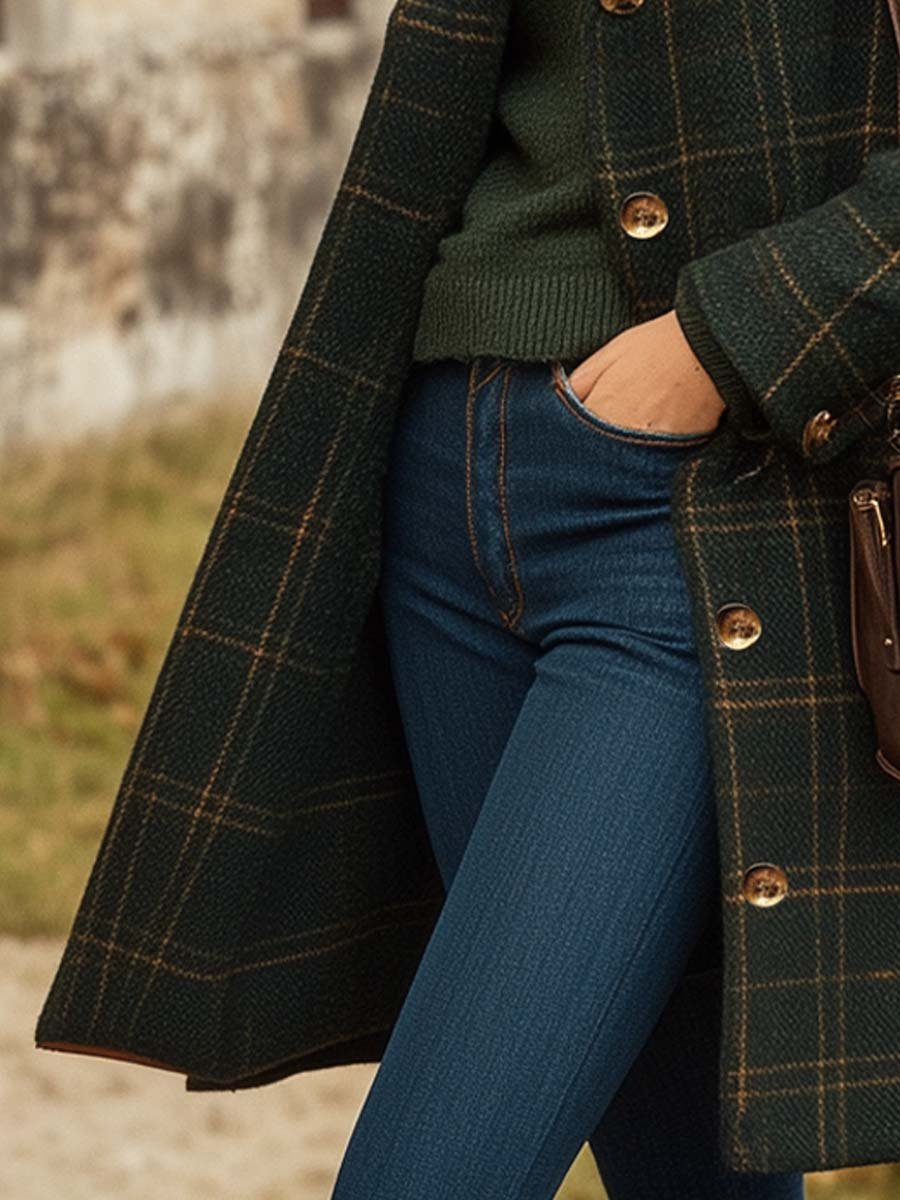 Dames lange wollen mantel β bruin geruit, knoopsluiting, winterjas