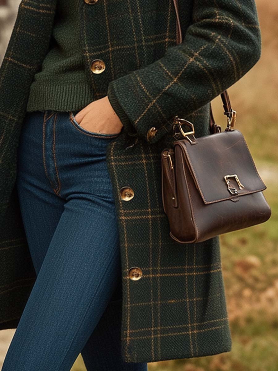 Dames lange wollen mantel β bruin geruit, knoopsluiting, winterjas