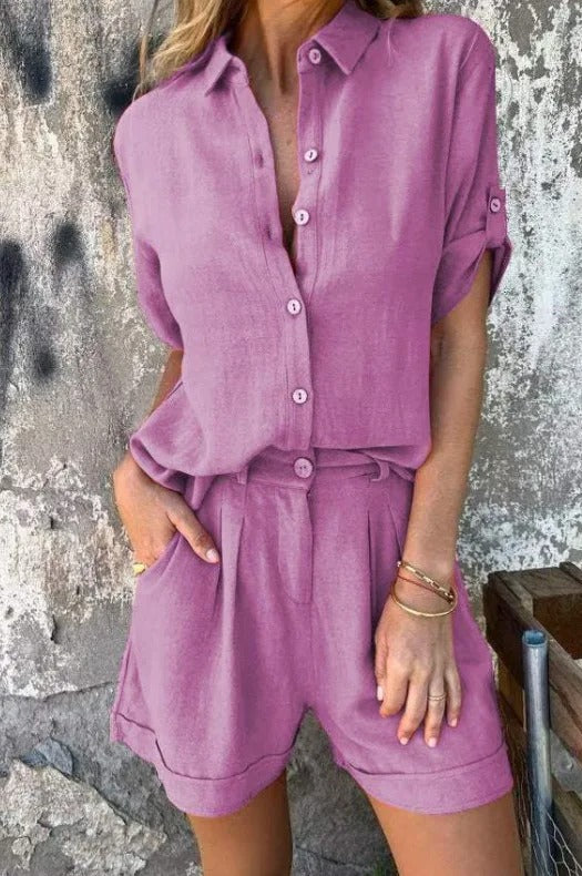 Lumith - Stijlvolle Casual Linnen Set met Korte Broek en Overhemd
