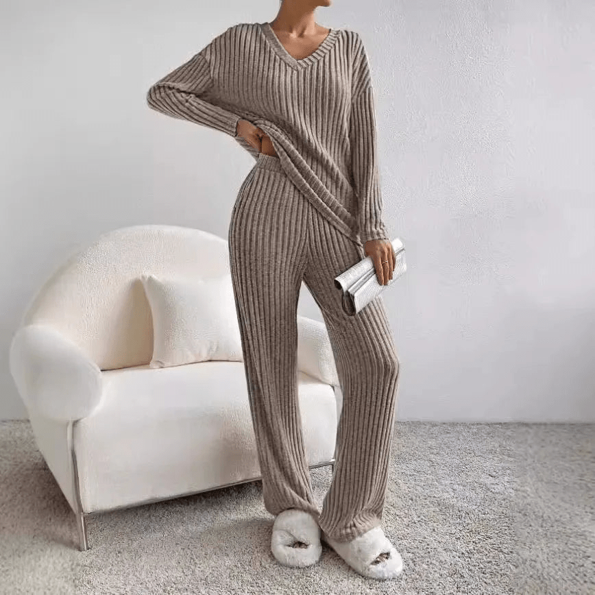 Dames comfortabele ribgebreide loungewear set met trui en broek