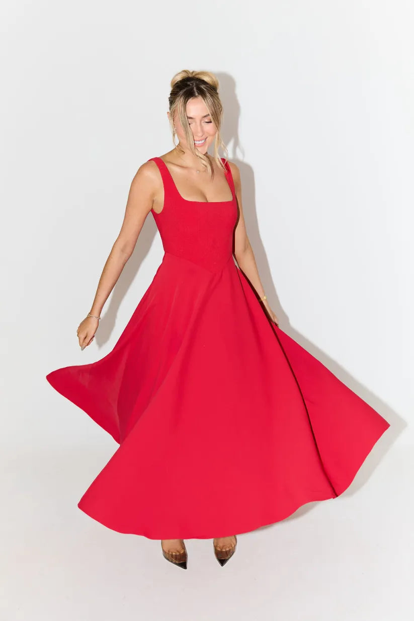Sophie - Midi-jurk met Vierkante Hals en Hoge Taille