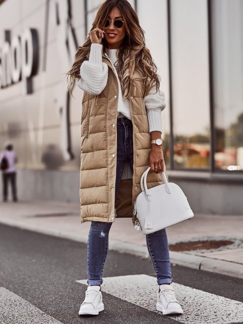 Dames Lange Gewatteerde Bodywarmer β Slim Fit Gilet, Mouwloos Puffer Tussenjas Herfst/Winter