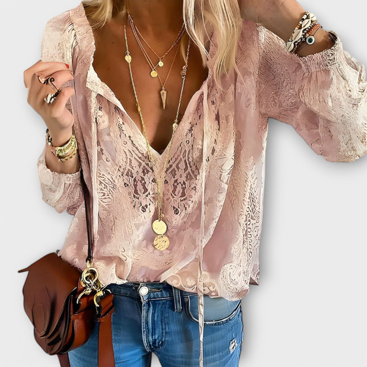 Dames Kanten Blouse V-hals met Lange Mouwen