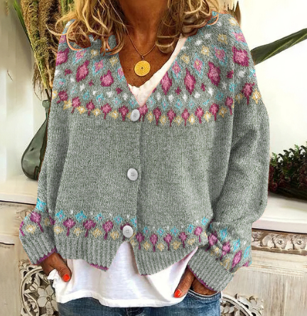 Dames Cardigan Vest – Gebreid, Grijs‑groen, Noors patroon, Winter