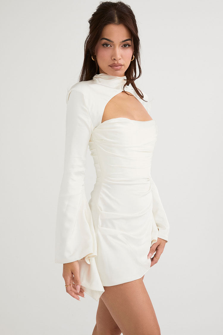 Luna - Zijdeachtige Satijnen Hoge Hals Lange Mouw Mini Jurk met Cutout Feestlook