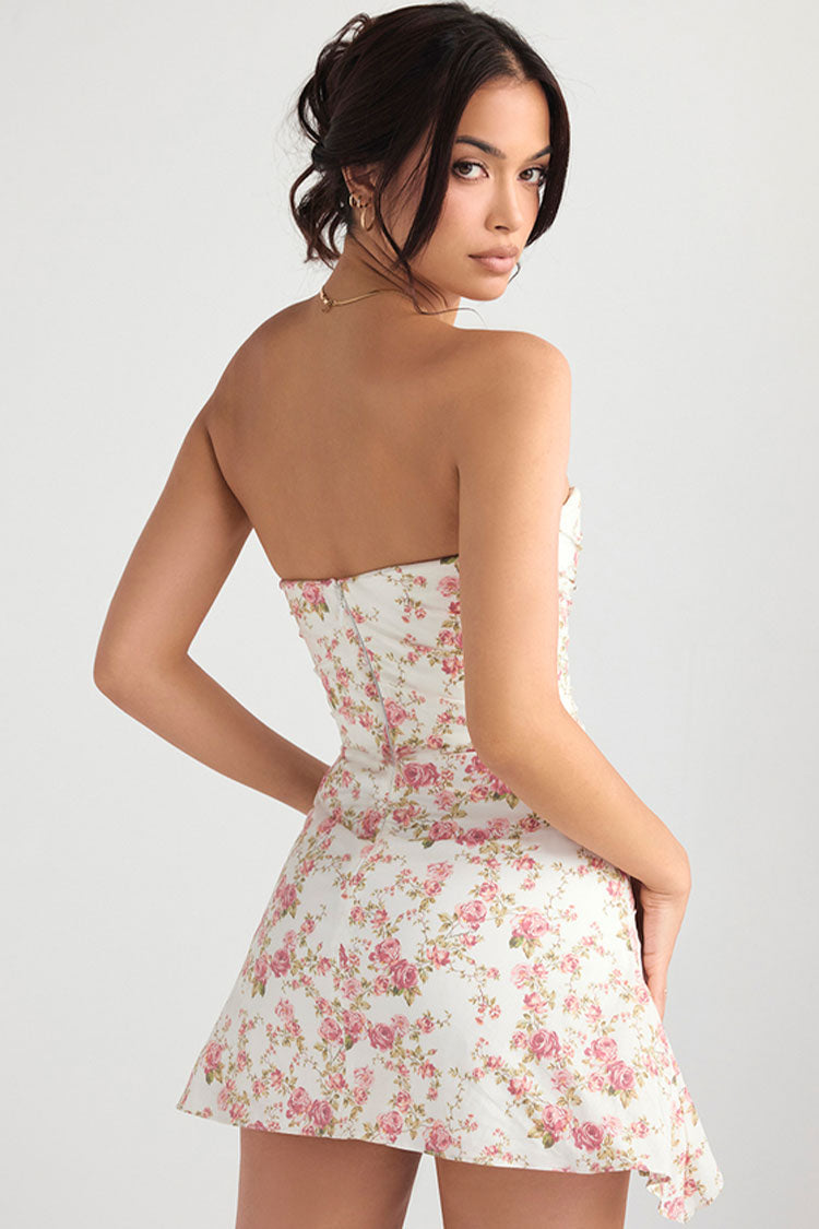 Lotte - Bloemige Strapless Mini Jurk met Satijnen Geplooide Trim