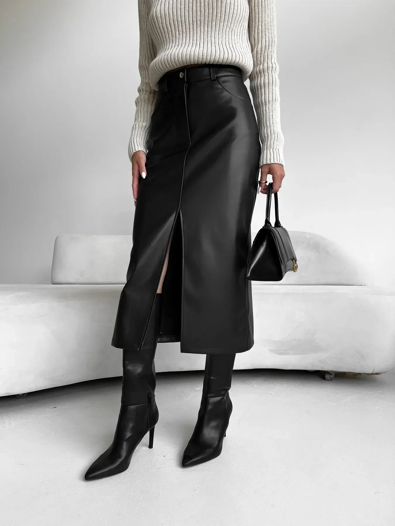 Elise - Stijlvolle Eco Leren Lange Rok met Split