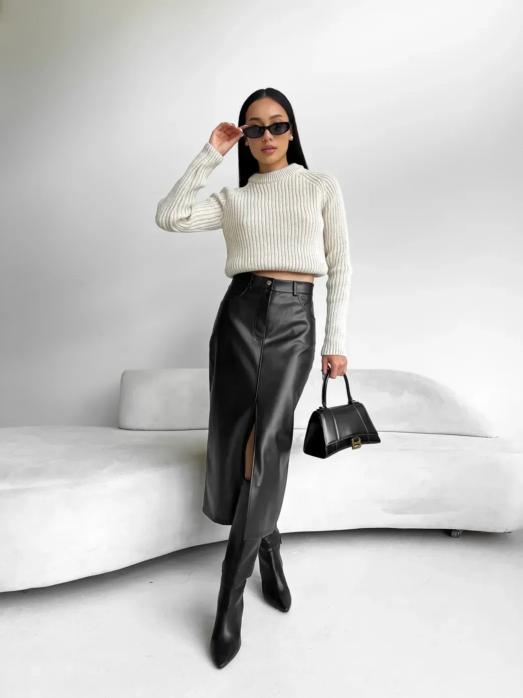 Elise - Stijlvolle Eco Leren Lange Rok met Split