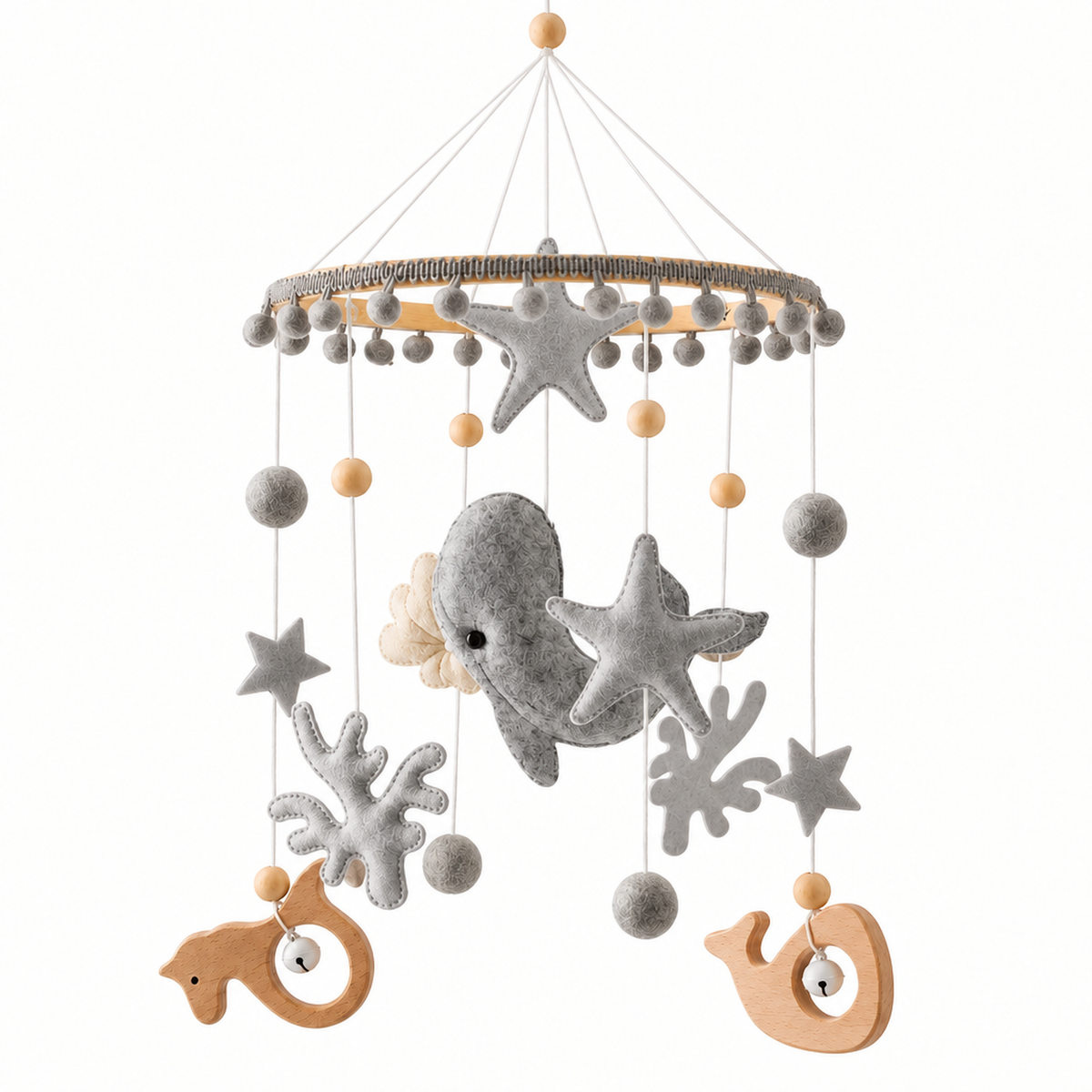 Ocean whale and starfish felt toy topper for cot mobile, grey