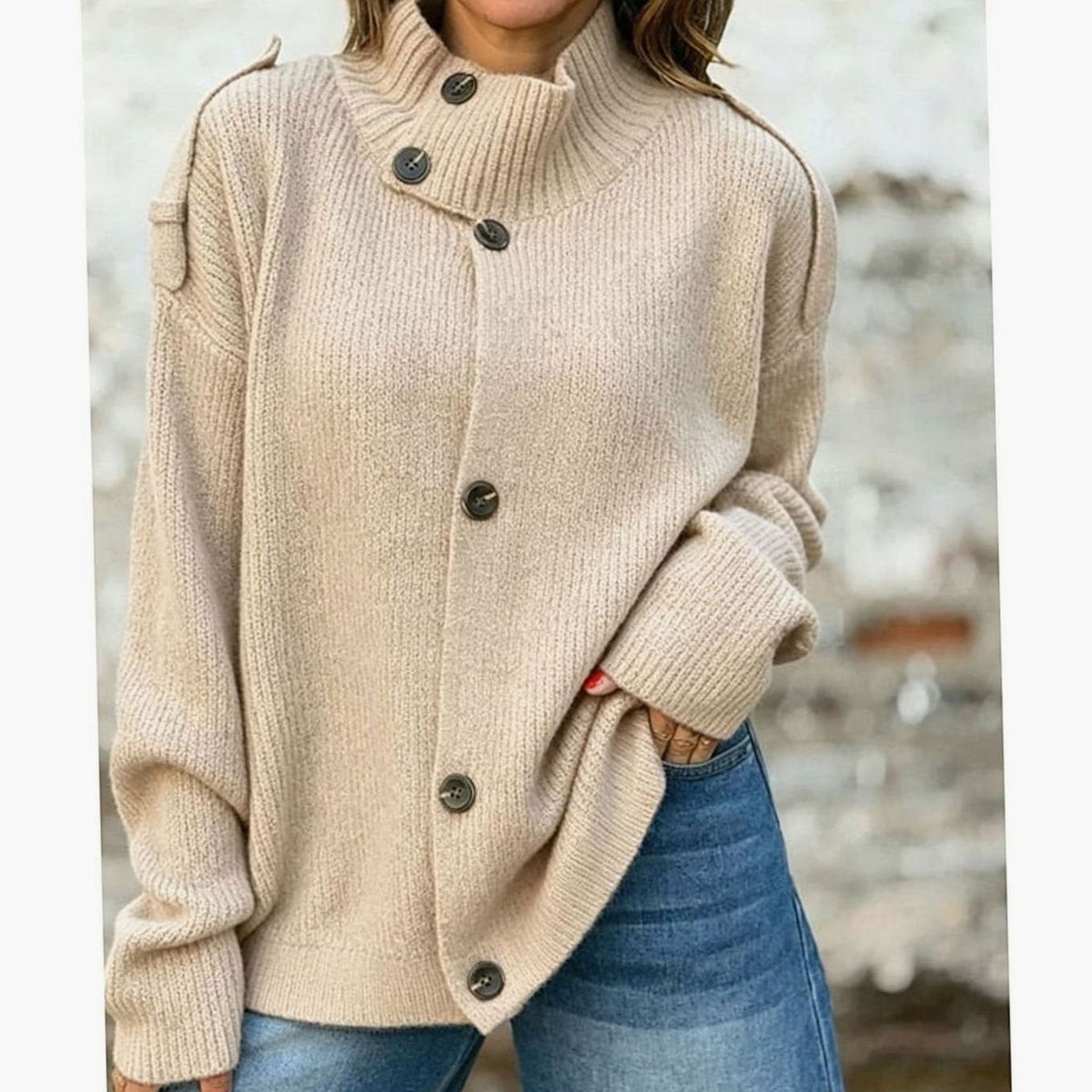 Dames Oversized Vest met Knoopsluiting en Hoge Kraag