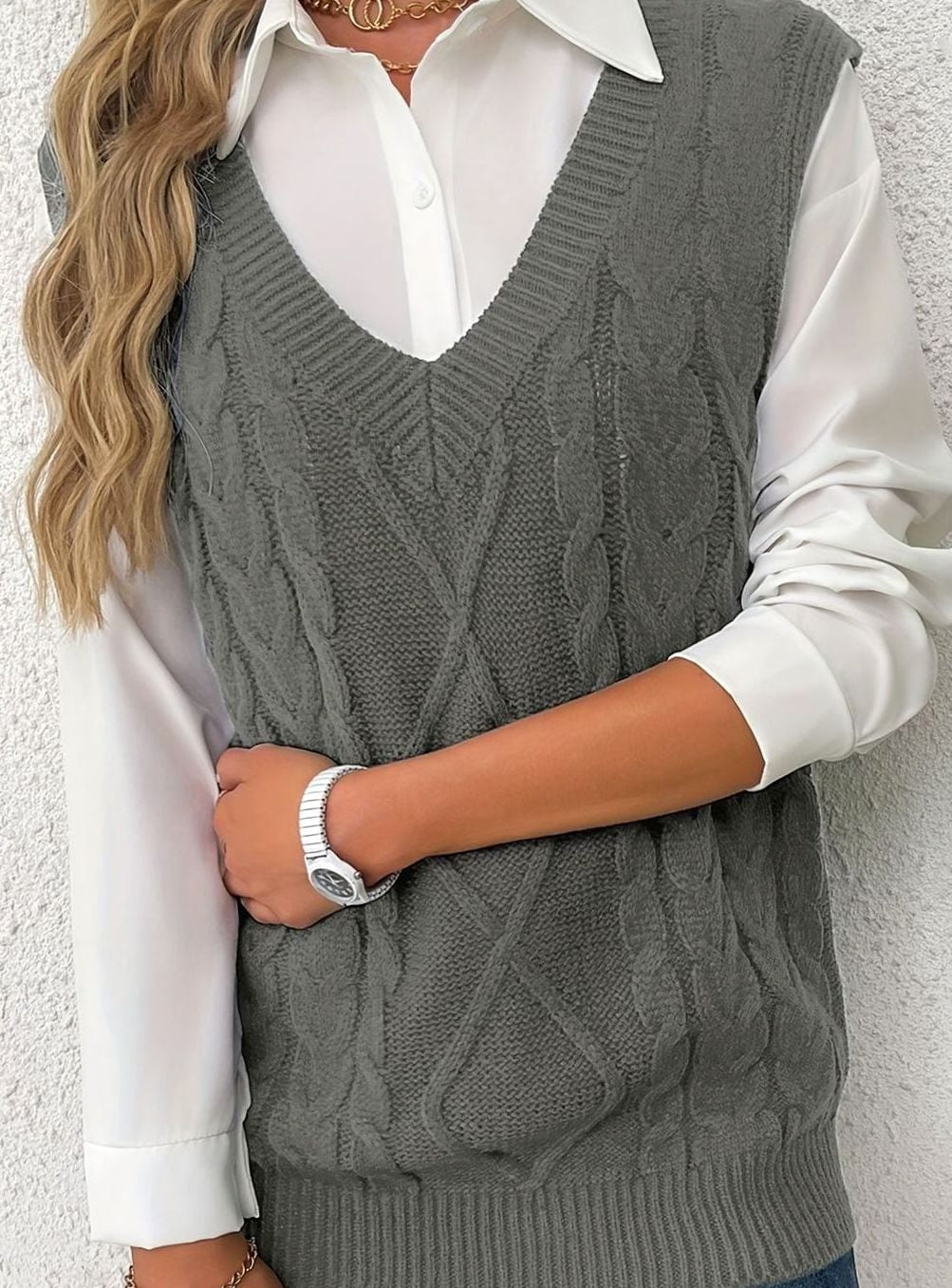 Dames Gebreide Trui Vest met V-hals, Kabelpatroon Relaxed Fit