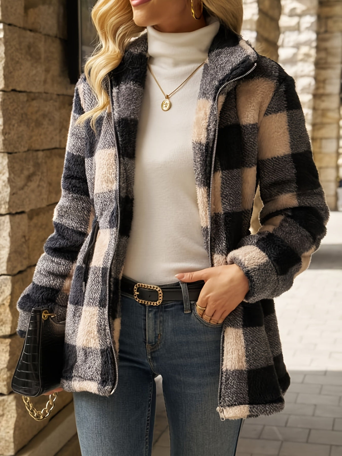 Euphemia™ | Women's Checked Plush Hooded Zip Jacket