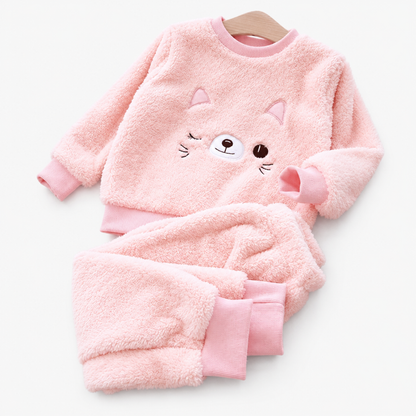 Girls long sleeve fleece pyjama set with pink cat face print