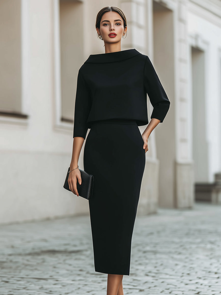 Dames Getailleerde Set – Top met Bootnek en Midi Rok voor Casual Gebruik
