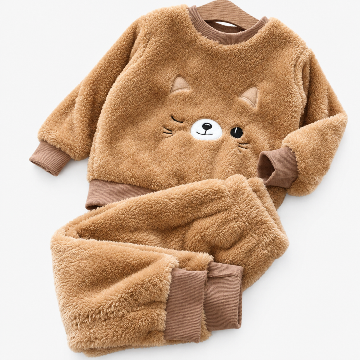 Girls long sleeve fleece pyjama set with coffee brown cat face print