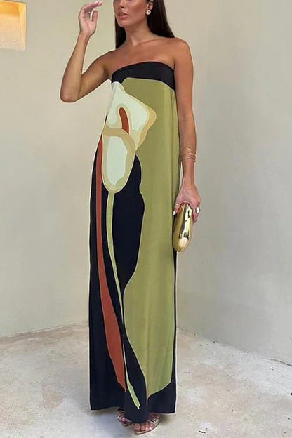 Dames Maxi Jurk Strapless met Kleurblok Print
