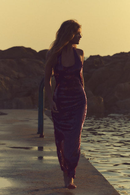 Dames Halterjurk – Pailletten, Open Rug, Avondkleding