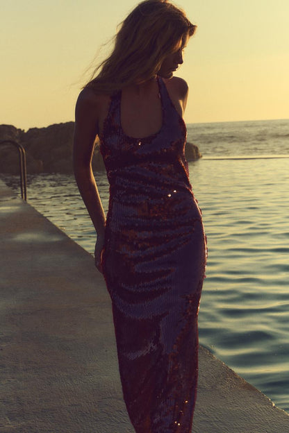 Dames Halterjurk – Pailletten, Open Rug, Avondkleding