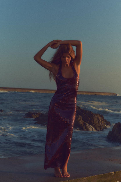 Dames Halterjurk – Pailletten, Open Rug, Avondkleding