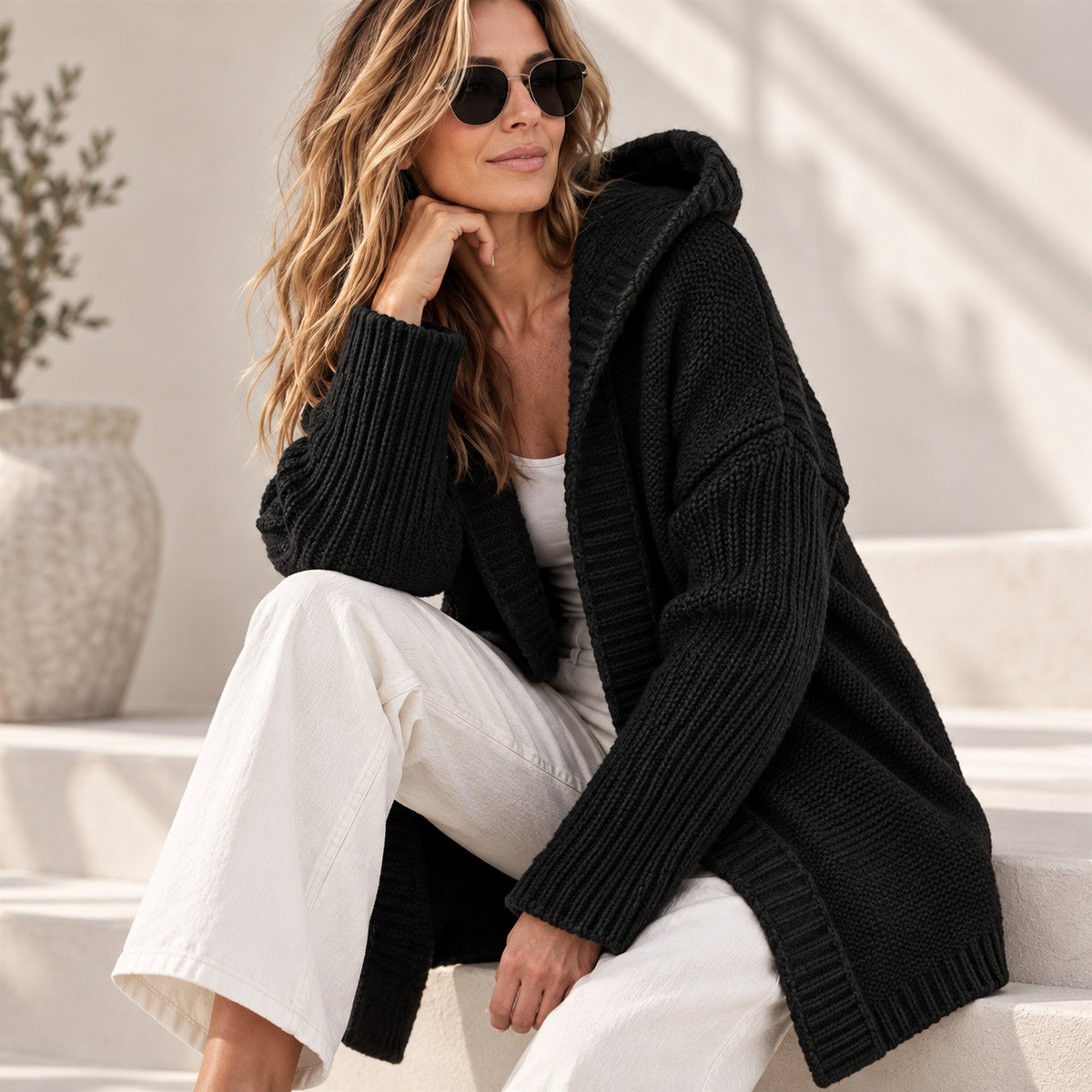 Dames Vest met Capuchon Grof Gebreid Longline Cardigan