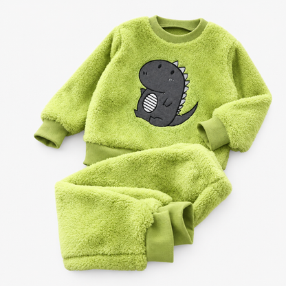 Girls long sleeve fleece pyjama set with green dinosaur print