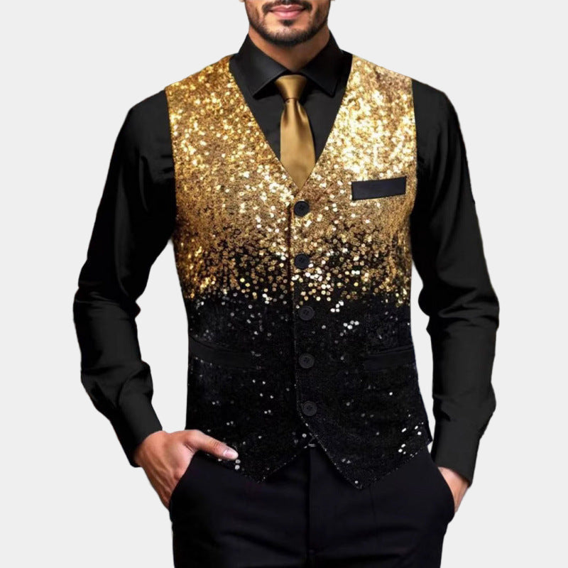 Heren Glitter Gilet met Satijnen Revers Goud