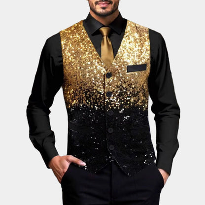 Heren Glitter Gilet met Satijnen Revers Goud