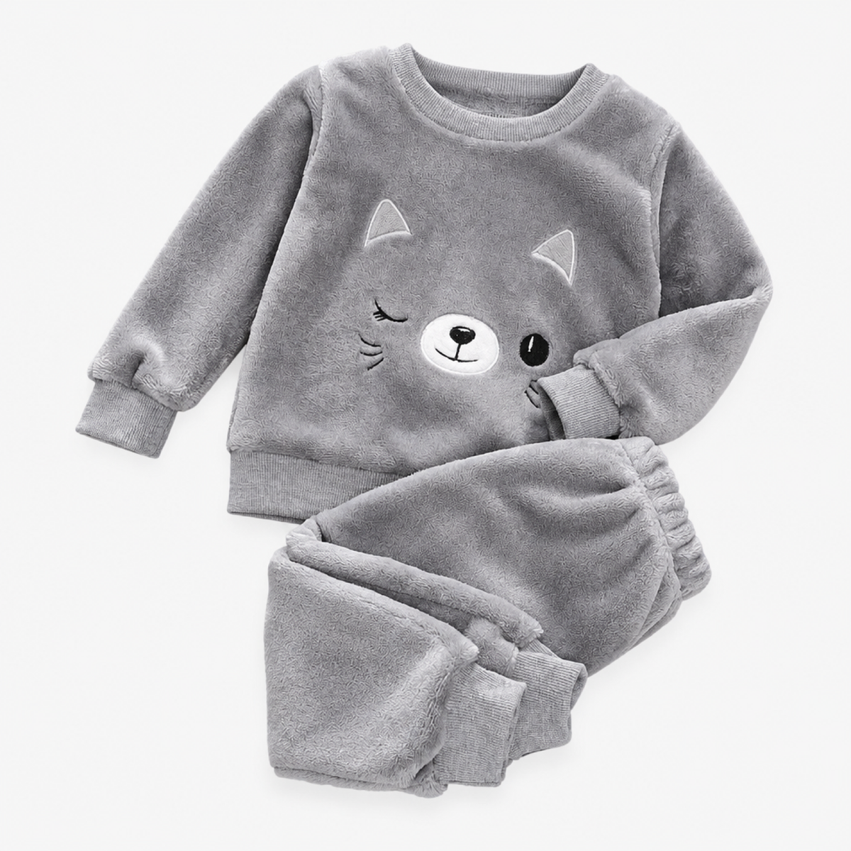 Girls long sleeve fleece pyjama set with grey cat face print