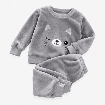 Girls long sleeve fleece pyjama set with grey cat face print