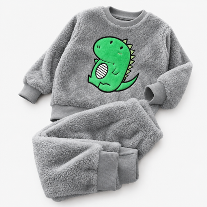 Girls long sleeve fleece pyjama set with grey dinosaur print