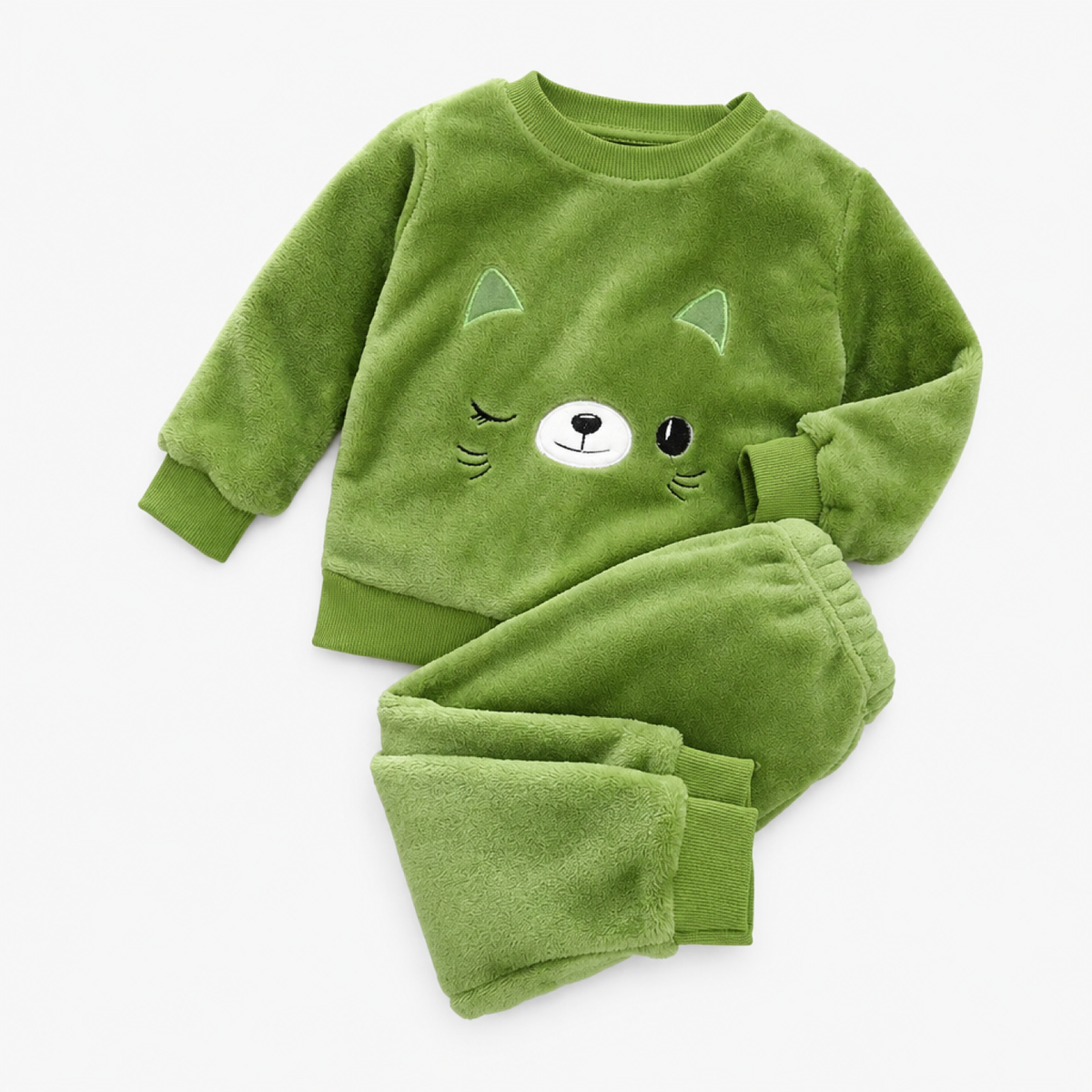 Girls long sleeve fleece pyjama set with green cat face print