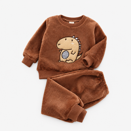 Girls long sleeve fleece pyjama set with coffee brown dinosaur print