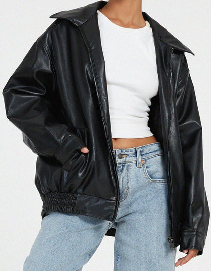 Leren Damesjack met Ruime Pasvorm – Tijdloze Look en Comfort