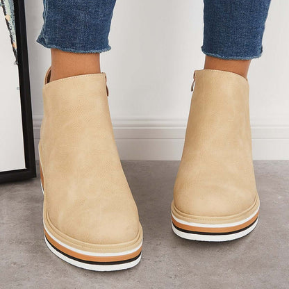 Dames Enkelboots met Rits – Zwart Leer, Plateau Hak voor Casual en Avondkleding