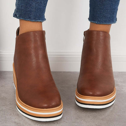 Dames Enkelboots met Rits – Zwart Leer, Plateau Hak voor Casual en Avondkleding