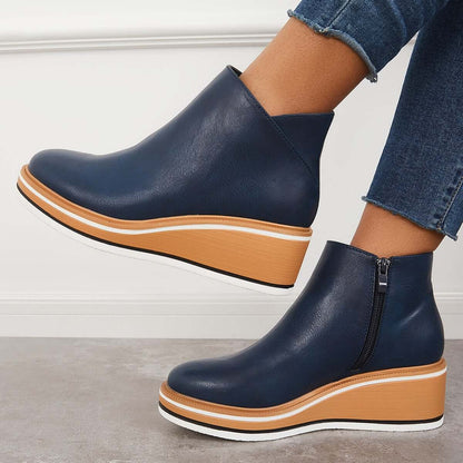 Dames Enkelboots met Rits – Zwart Leer, Plateau Hak voor Casual en Avondkleding