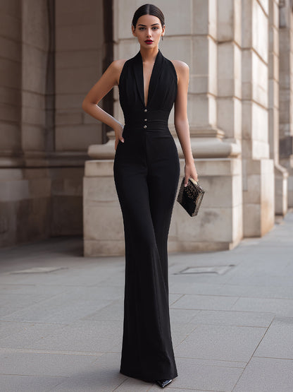 Dames Getailleerde Jumpsuit – Met Halternek en Wijde Pijpen voor Casual en Dagelijks Gebruik