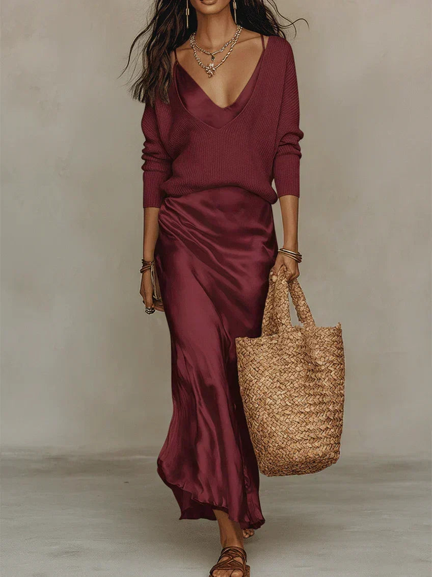 Dames Satijnen Midi Jurk met Gebreid Vest - Tweedelige Set met V-hals