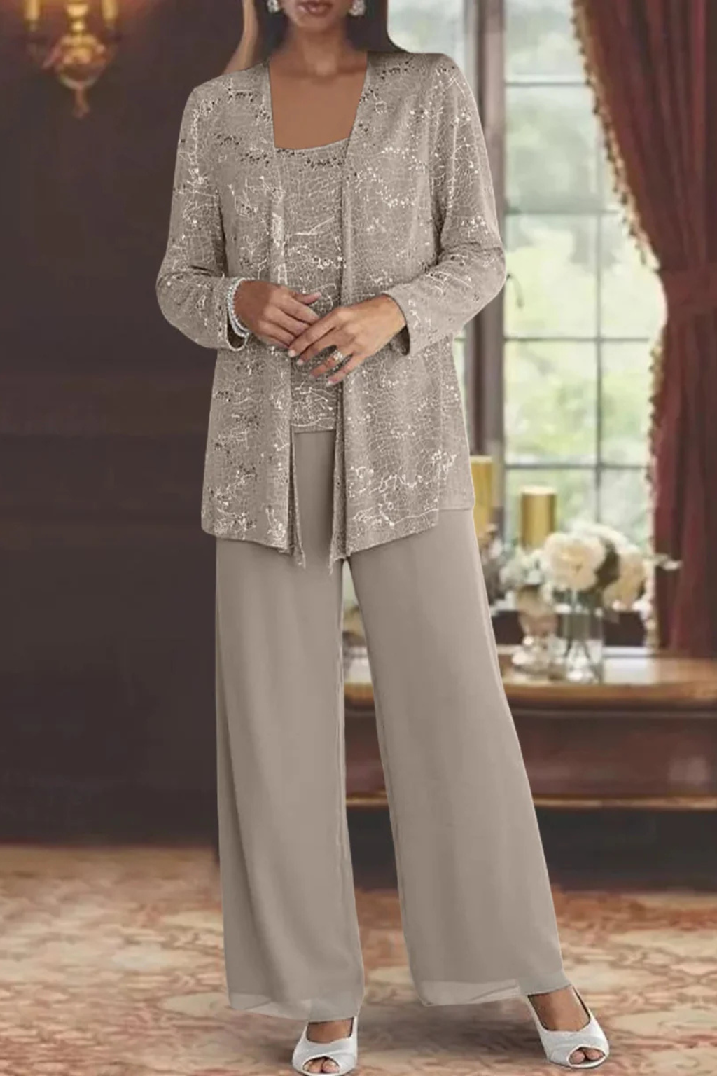 Dames Feestpak Driedelig - Kanten Blazer met Pailletten en Wide Leg Broek