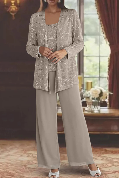 Dames Feestpak Driedelig - Kanten Blazer met Pailletten en Wide Leg Broek