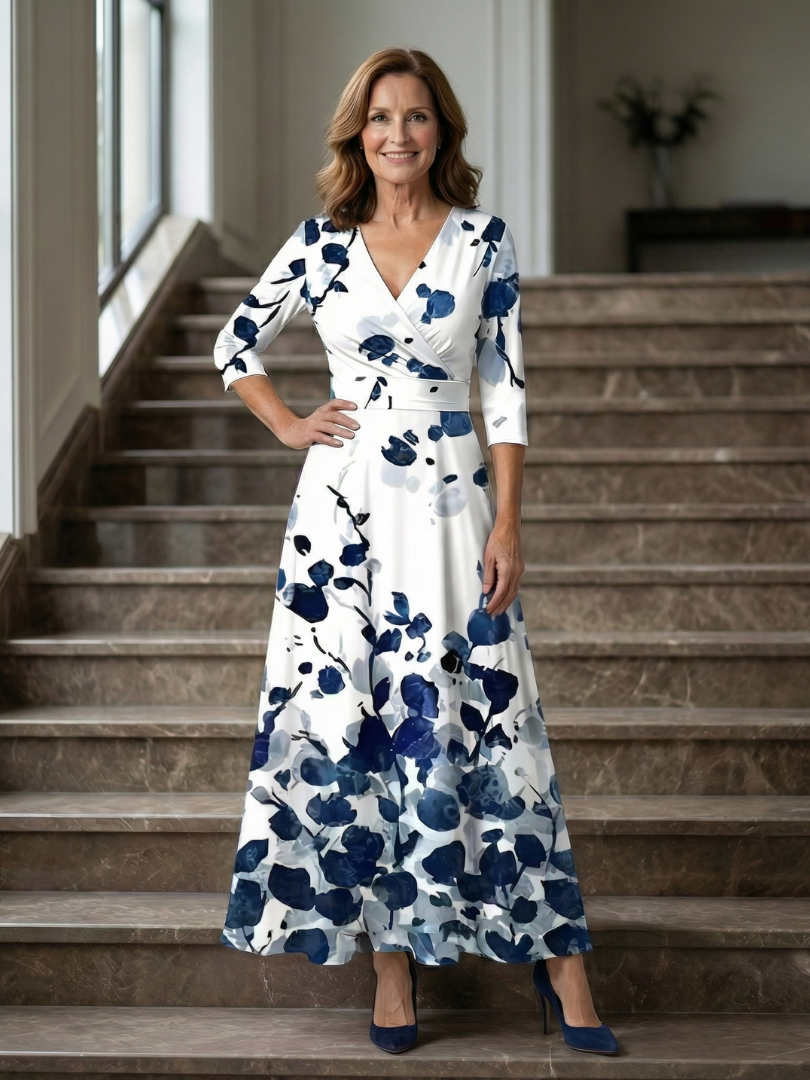 Dames Midi Jurk met Wikkelhals en Bloemenprint