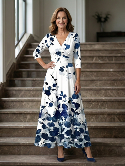 Dames Midi Jurk met Wikkelhals en Bloemenprint