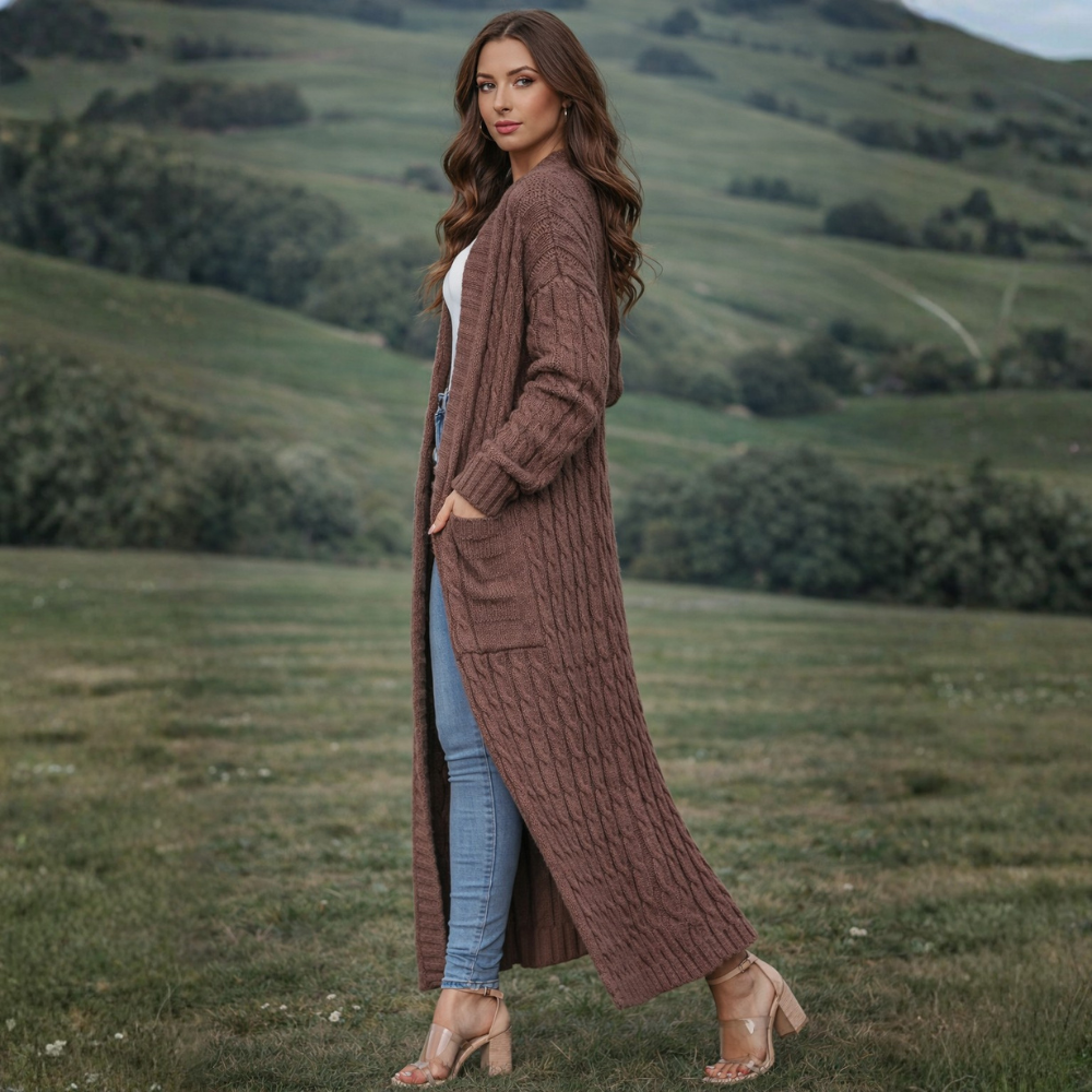 Dames Lange Gebreide Cardigan – Effen, Comfortabel voor Winter, Met Pompons