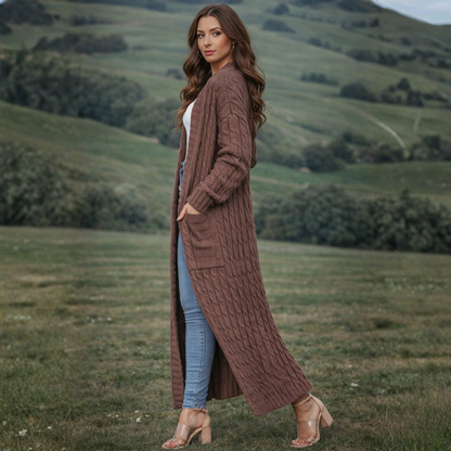 Dames Lange Gebreide Cardigan – Effen, Comfortabel voor Winter, Met Pompons