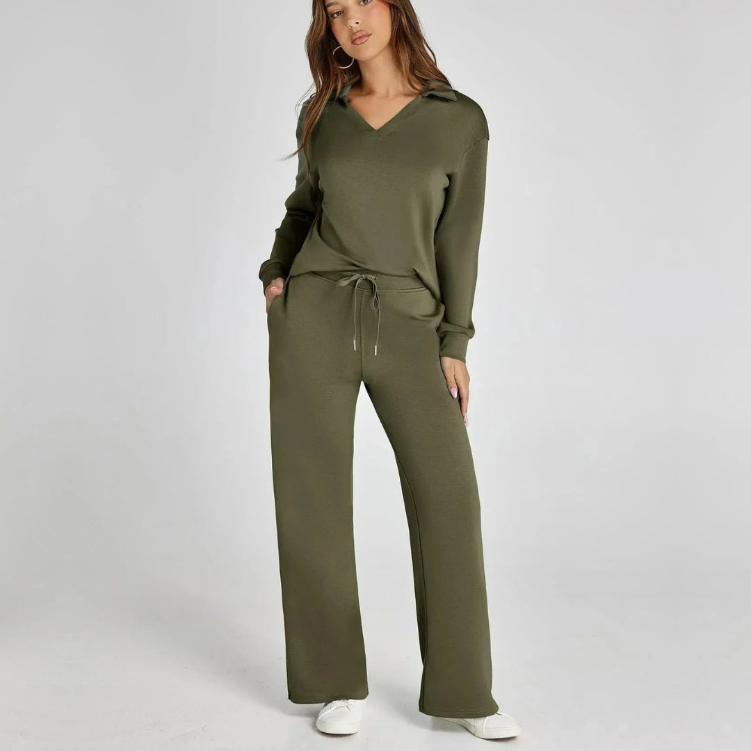 Dames Luxe Loungewear Set – Comfy V-hals Top en Broek van Zacht Katoen, Perfect voor Thuis en Ontspanning