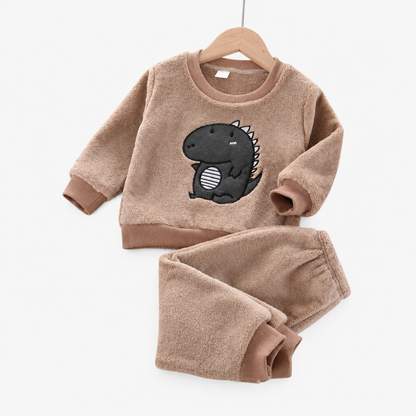 Girls long sleeve fleece pyjama set with khaki green dinosaur print
