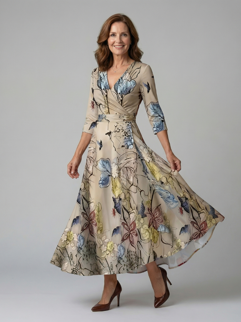 Dames Midi Jurk met Wikkelhals en Bloemenprint