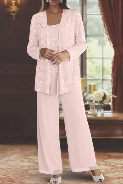 Dames Feestpak Driedelig - Kanten Blazer met Pailletten en Wide Leg Broek