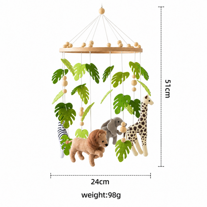 Wooden cot mobile arm bracket with hook, close-up